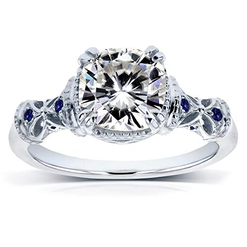 Kobelli Antique Style Cushion-cut Moissanite (GH) Engagement Ring with Blue Sapphire 1-3/4ct TGW 14k White Gold - Size 7