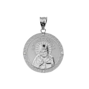 Sterling Silver Saint Nectarios of Aegina CZ Round Medal Protection Charm Pendant (1")