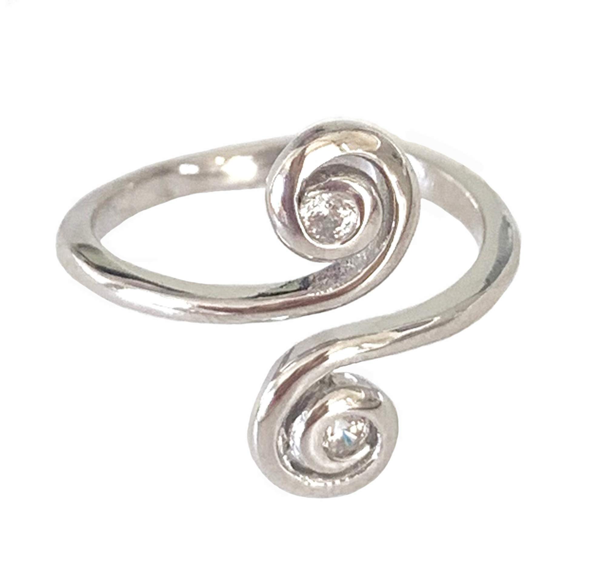 Toe Ring | Swirl .925 Sterling Silver & Cubic Zirconia | Front Adjustable Ring For Foot Or Midi