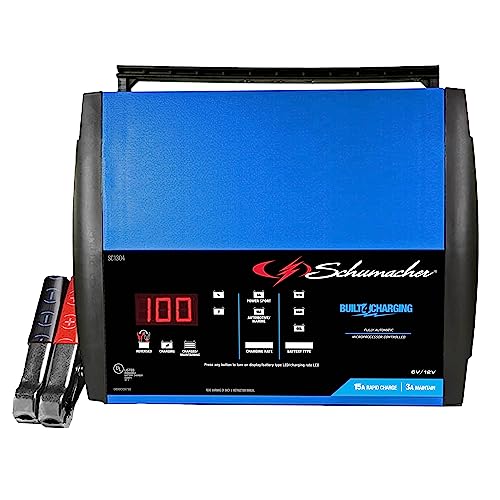 Schumacher Electric SC1304 Fully Automatic Rapid Battery Charger and Maintainer for Motorcycle, Power Sport, Boat, Car, and Truck Batteries, 15 Amps, 6 Volt, 12 Volt, Blue, Black, 1 Unit