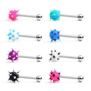 Ruifan 8PCS Silicone Soft Spike Ball Straight Barbell Tongue Nipple Ring Piercing 14G 5/8"(16mm)