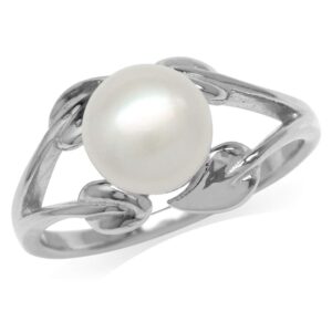 Silvershake 8mm Cultured Freshwater Pearl White Gold Plated 925 Sterling Silver Leaf Ring Size 8