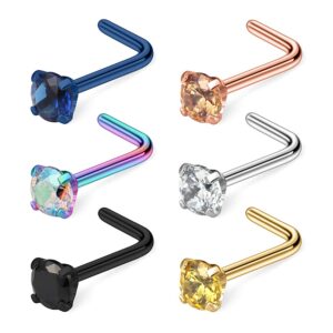 Ruifan 6PCS 18G Surgical Steel Mix Color Diamond CZ Nose Stud Rings L Shaped Piercing Jewelry 3mm