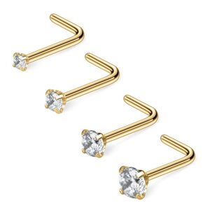 ruifan 4pcs 22g 316l surgical steel 1.5mm 2mm 2.5mm 3mm clear round diamond cubic zirconia crystal nose l shaped studs rings piercing jewelry - gold