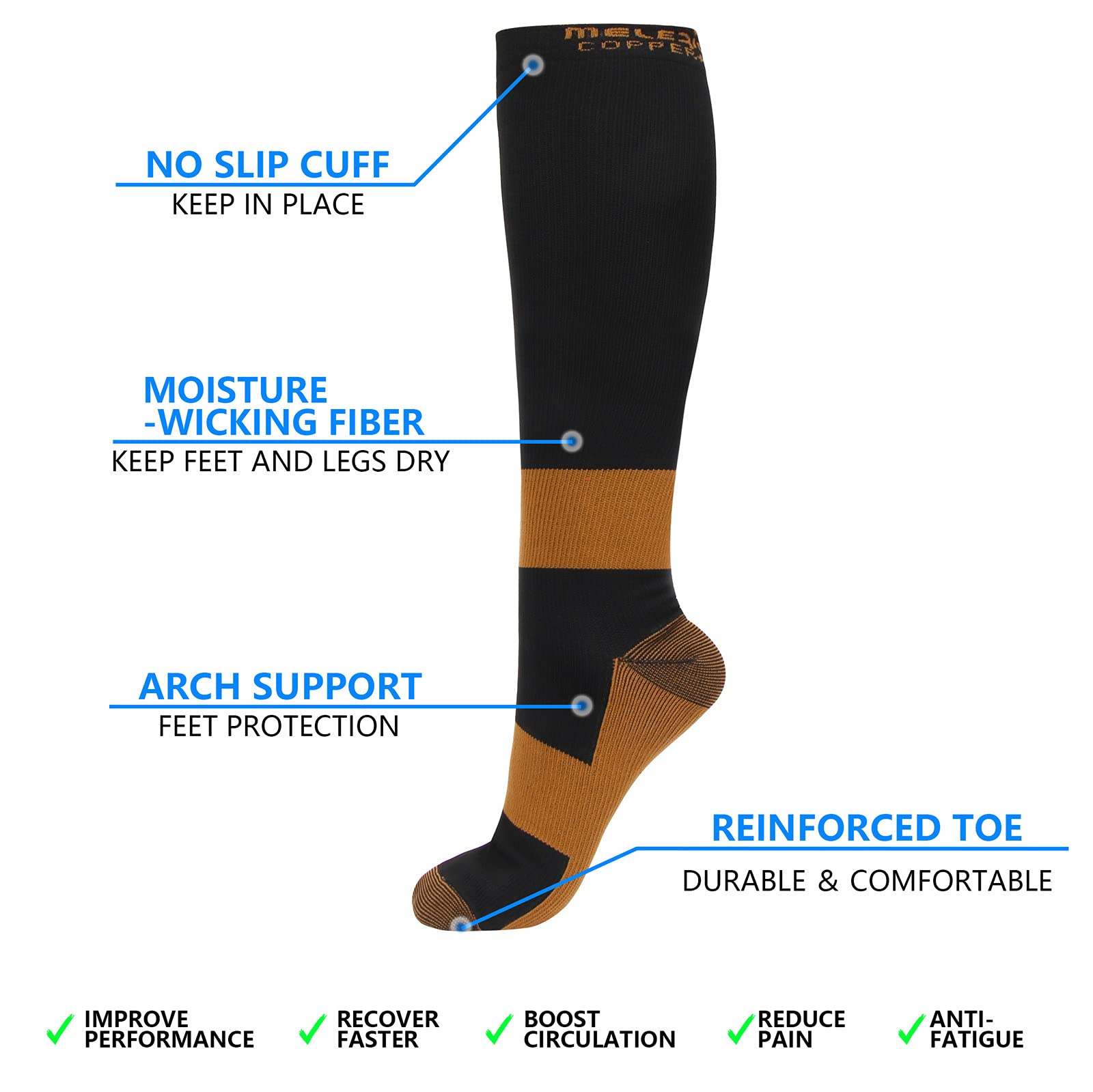 MELERIO Copper Compression Socks Men Women 4 Pairs 15-20 mmhg Comfortable Circulation for Edema Varicose Veins and Anti-Fatigue (Copper, L/XL)