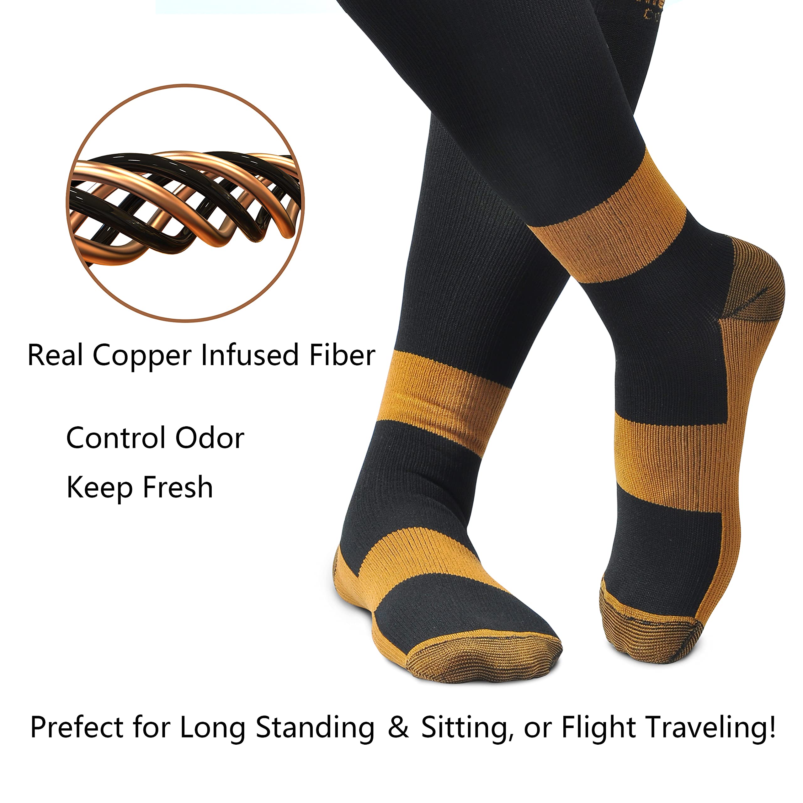 MELERIO Copper Compression Socks Men Women 4 Pairs 15-20 mmhg Comfortable Circulation for Edema Varicose Veins and Anti-Fatigue (Copper, L/XL)