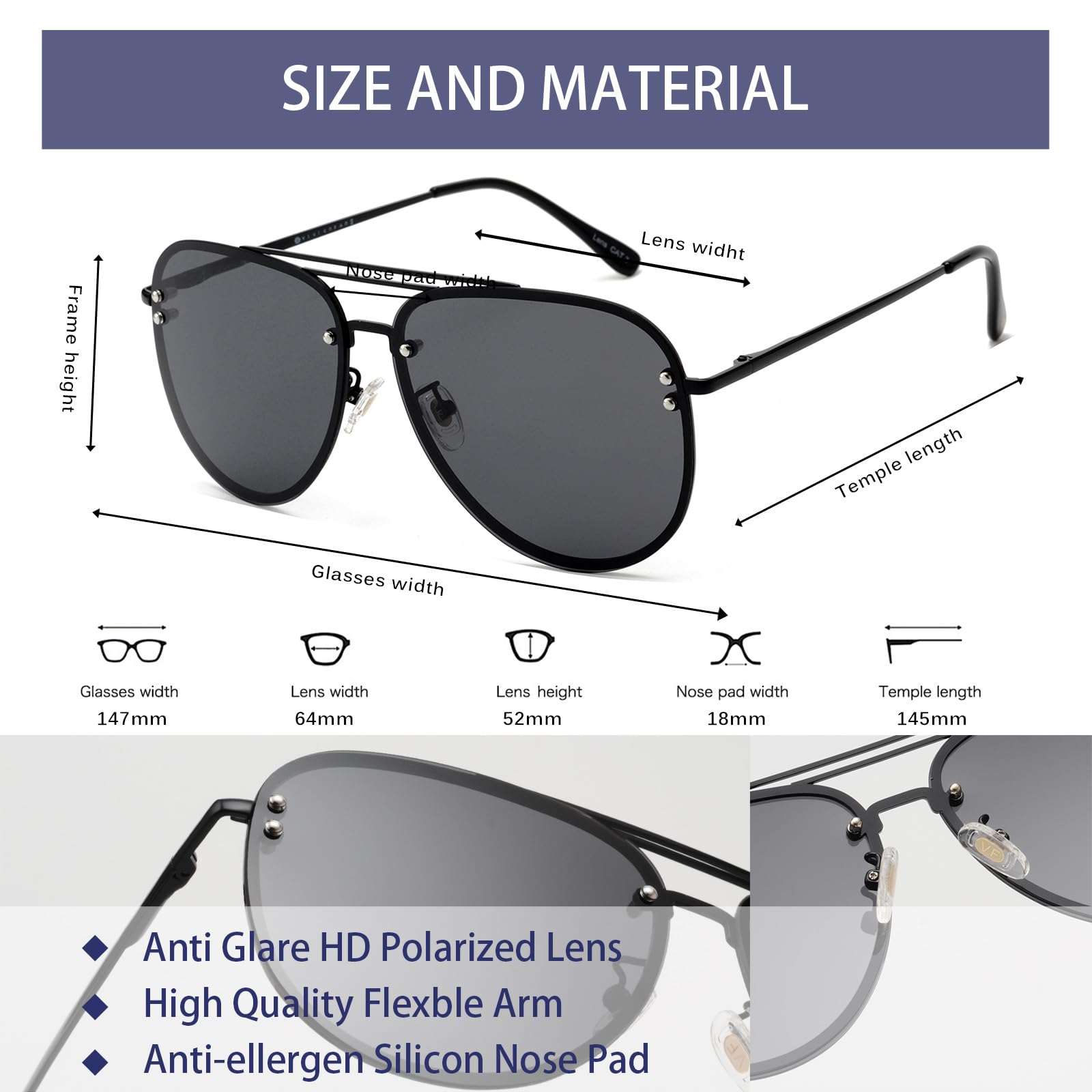 VIVIENFANG Polarized Sunglasses Women Black Sunglasses Woman Oversized Black Aviators UV Protection Shady Rays 87247A