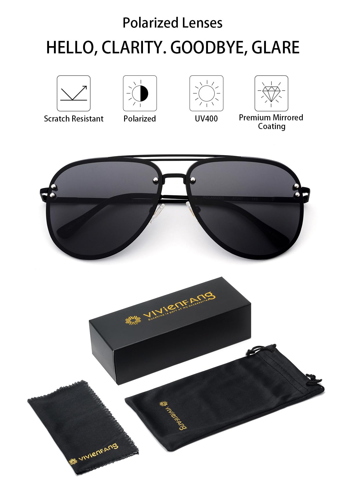 VIVIENFANG Polarized Sunglasses Women Black Sunglasses Woman Oversized Black Aviators UV Protection Shady Rays 87247A