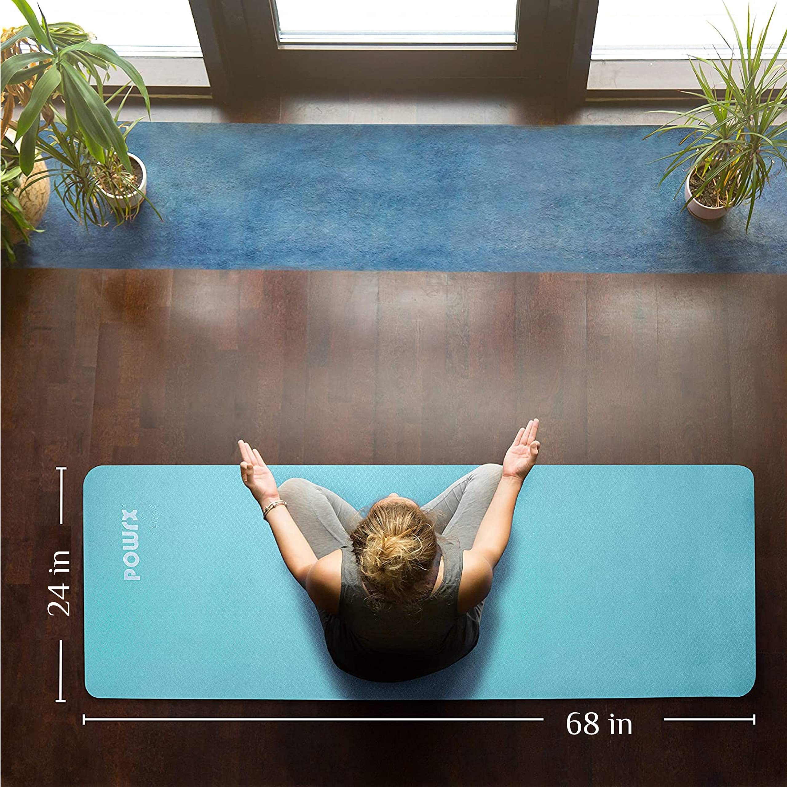 POWRX Yoga Mat TPE with Bag | Exercise mat for workout | Non-slip large yoga mat for women, 68" x 24" Petrol, 0.2 Inches Thickness