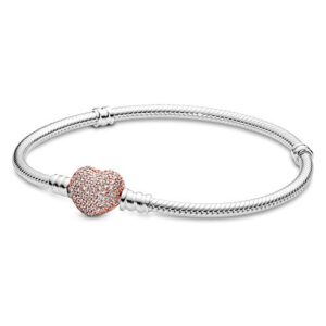 pandora silver bracelet w/rose pave heart clasp