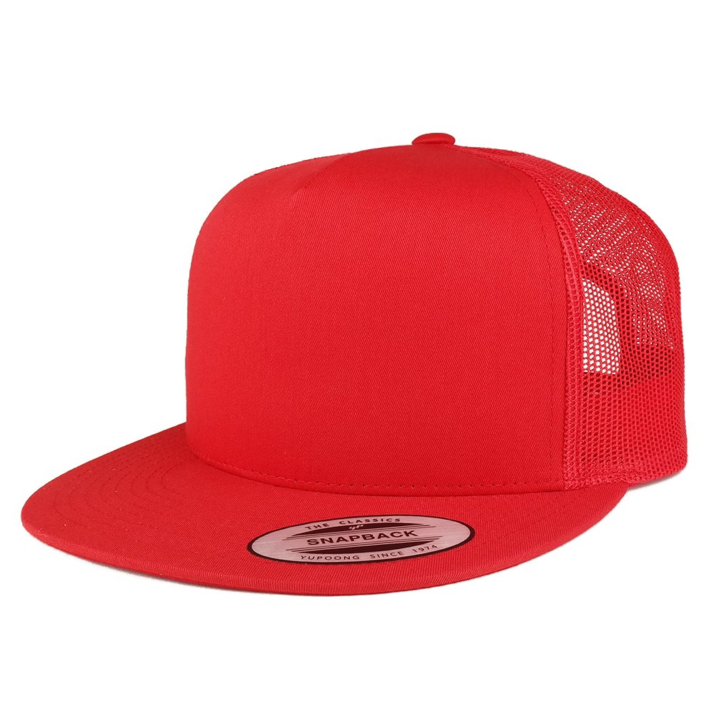 Trendy Apparel Shop Flexfit Brand 5 Panel Classic Trucker Flatbill Mesh Snapback Cap - RED