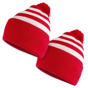 Armycrew Red White Striped Pom Pom Cuff Beanie Hat - Red White Stripe - 2 Pack