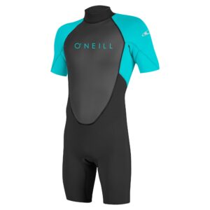 O'Neill Wetsuits Youth Reactor-2 2mm Back Zip Short Sleeve Spring Wetsuit, Black/Aqua, 6