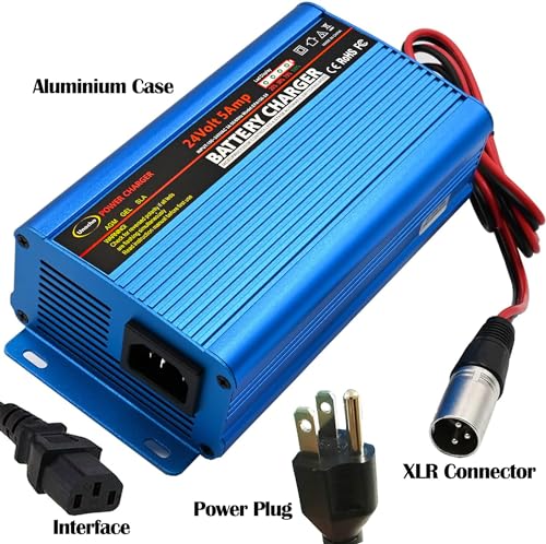 Unocho 24V Battery Charger Automatic Smart Charger 5A trickle Charger and I/O Switch 3 pin XLR Connector for Charging AGM Gel Lead-Acid Batteries for Cars wheelchairs Boats