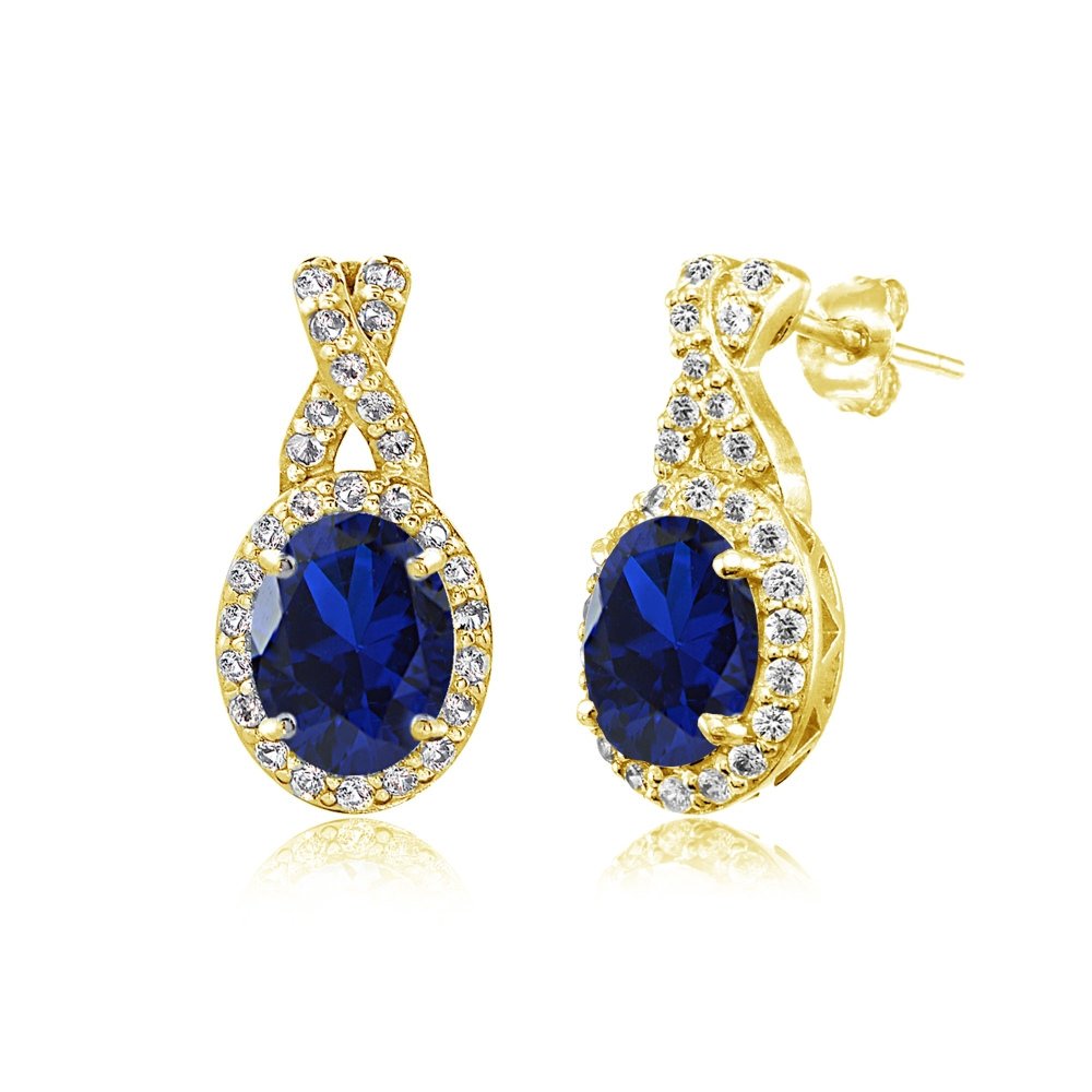 Sapphire Earrings for Women Trendy Fashion Yellow Gold Flashed Sterling Silver Created Blue Gemstone & White Topaz Oval X Drop Earring