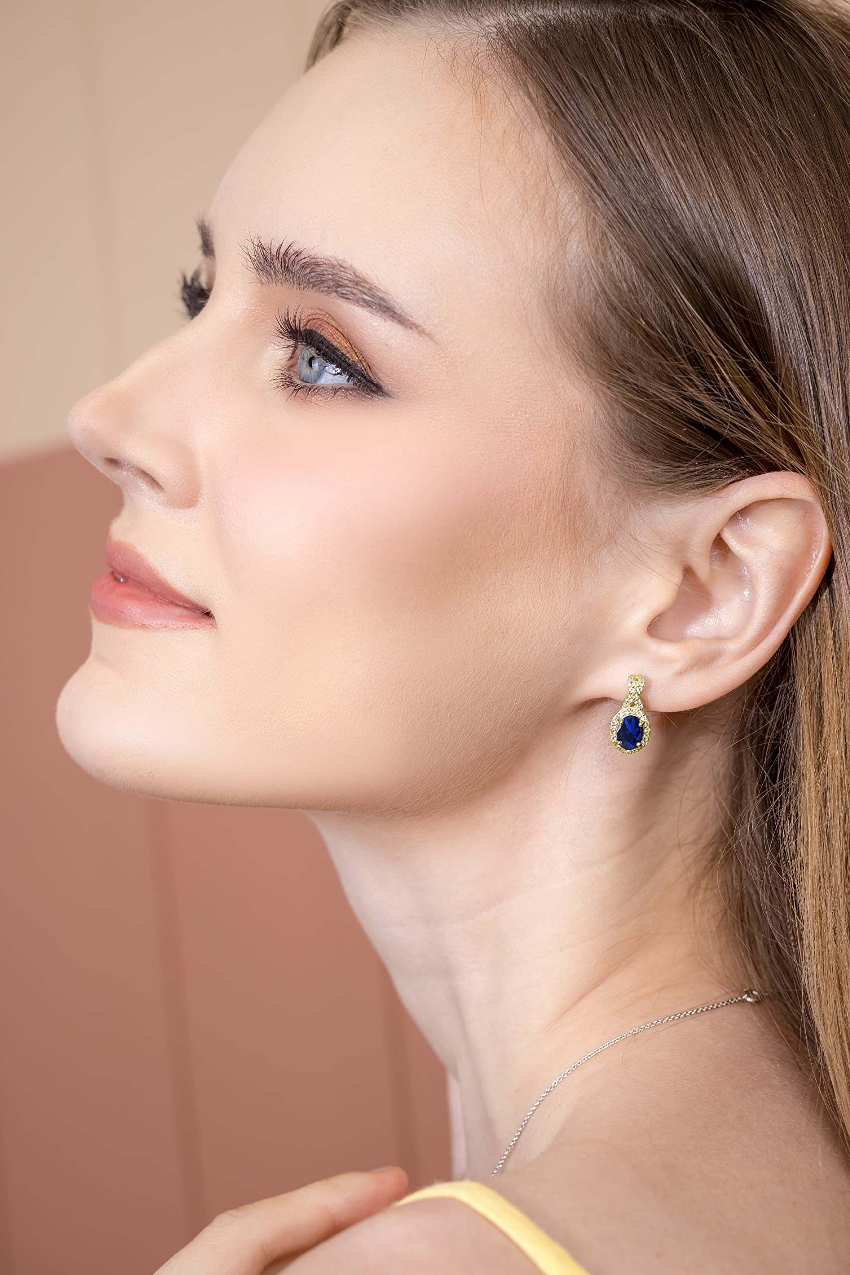 Sapphire Earrings for Women Trendy Fashion Yellow Gold Flashed Sterling Silver Created Blue Gemstone & White Topaz Oval X Drop Earring