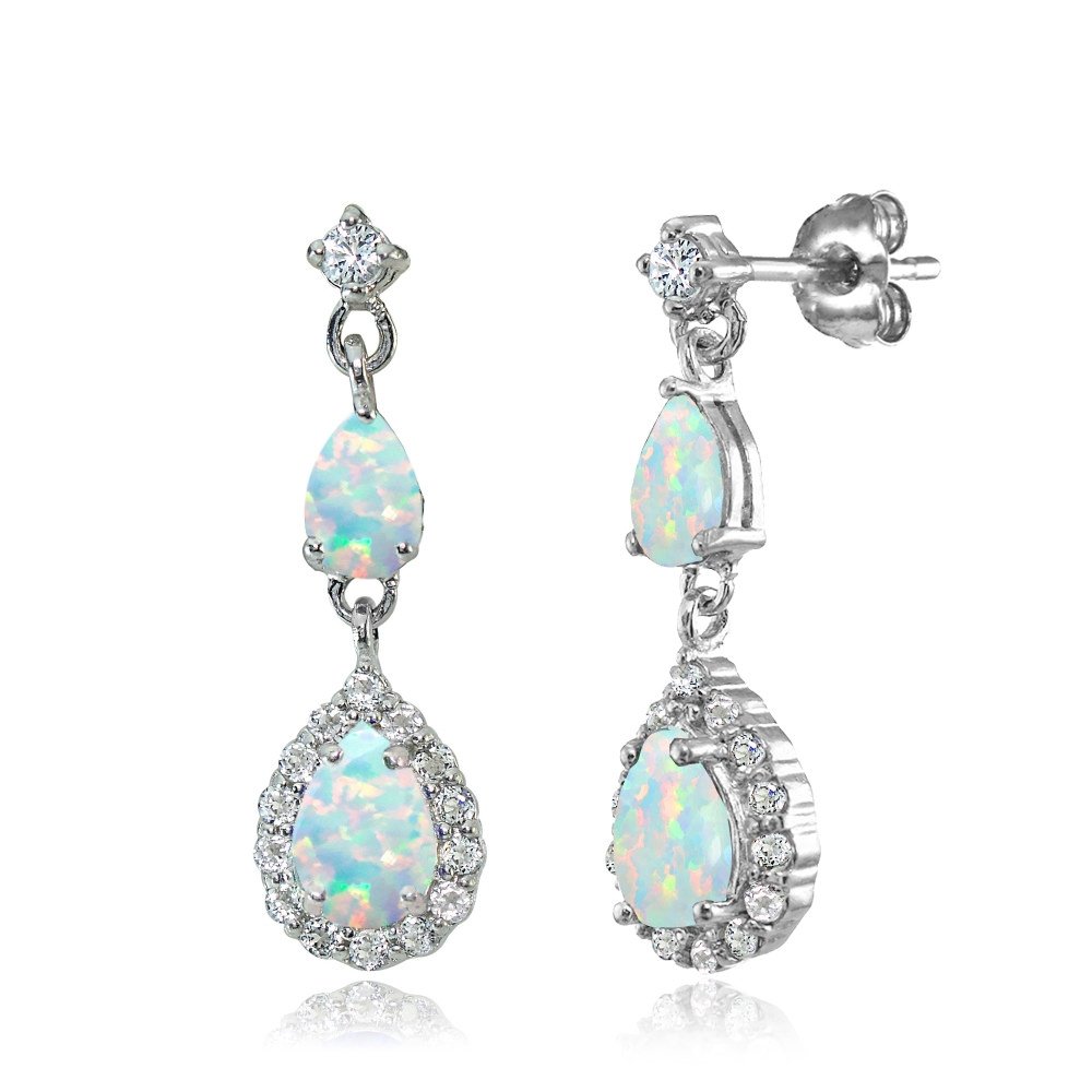 Sterling Silver Synthetic White Opal & White Topaz Fashion Teardrop Dangle Earrings