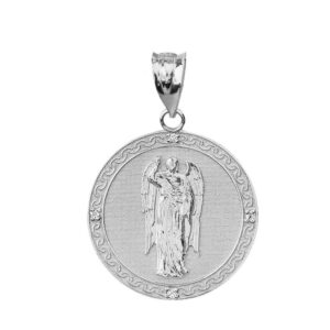 925 Sterling Silver Saint Gabriel The Archangel CZ Round Medal Pendant (1.15")