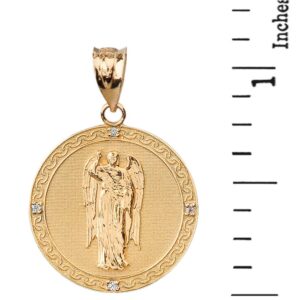 Solid 14k Gold Saint Gabriel The Archangel Diamond Round Medal Pendant (1.15")