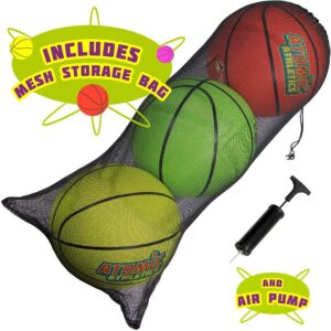 K-Roo Sports Atomic Athletics Neon Rubber Playground Balls - 6 Pack of Youth Size, includes Pump & Storage Bag - Basketball