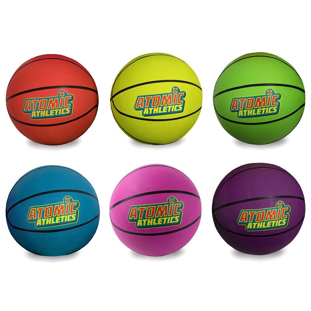 K-Roo Sports Atomic Athletics Neon Rubber Playground Balls - 6 Pack of Youth Size, includes Pump & Storage Bag - Basketball