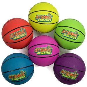 k-roo sports atomic athletics neon rubber playground balls - 6 pack of regulation size, includes pump & storage bag - basketball