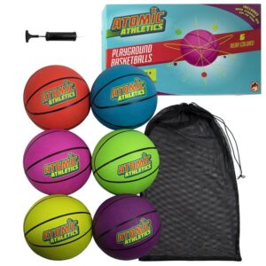 K-Roo Sports Atomic Athletics Neon Rubber Playground Balls - 6 Pack of Regulation Size, includes Pump & Storage Bag - Basketball