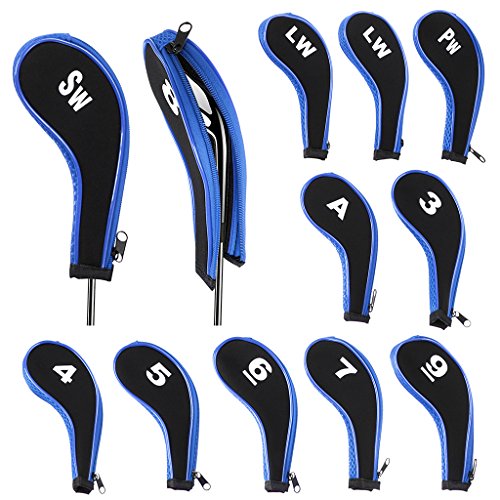 Hipiwe Number Print Golf Club Irons Covers Neoprene Zippered Driver Head Cover with Long Neck-Set of 12