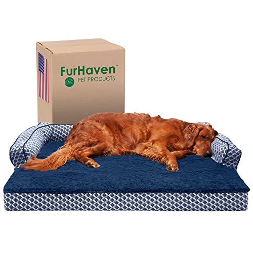 Furhaven Orthopedic Dog Bed for Large Dogs w/ Removable Bolsters & Washable Cover, For Dogs Up to 95 lbs - Plush & Woven Decor Comfy Couch Sofa - Diamond Blue, Jumbo/XL