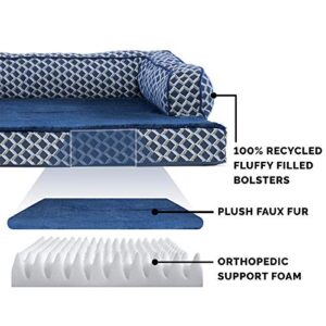 Furhaven Orthopedic Dog Bed for Large Dogs w/ Removable Bolsters & Washable Cover, For Dogs Up to 95 lbs - Plush & Woven Decor Comfy Couch Sofa - Diamond Blue, Jumbo/XL