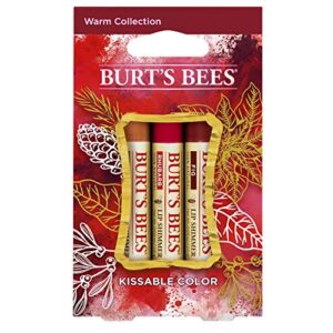 burt's bees kissable color holiday gift set, 3 lip shimmers in gift box, warm collection in peony, fig and rhubarb