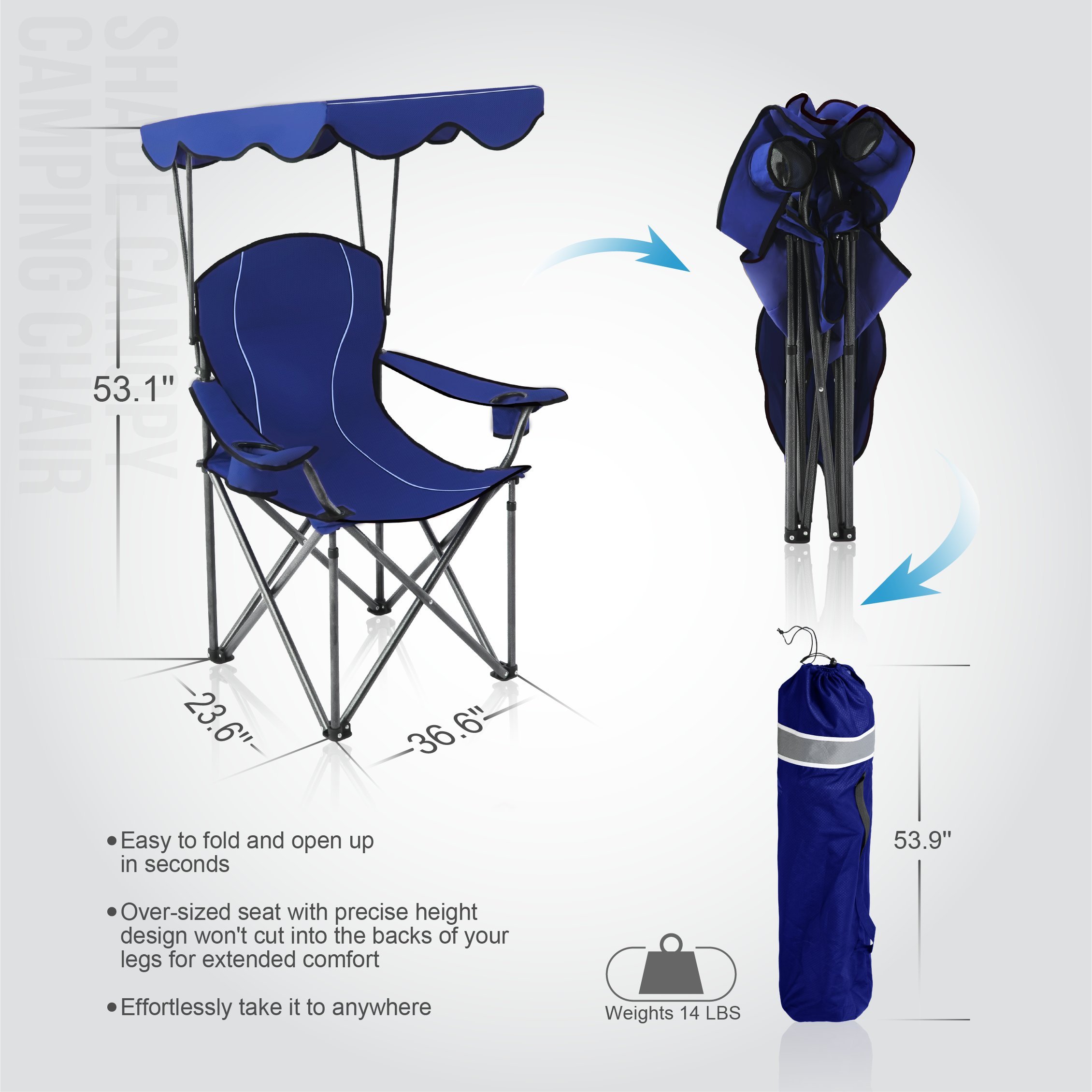 ALPHA CAMP Camp Chairs with Shade Canopy Chair Folding Camping Recliner Support 350 LBS - Navy Blue