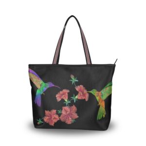 Womens Tote Purse Hummingbird Tote Bag with Zipper Ladies Flower Tote Bag Hummingbird Handbag