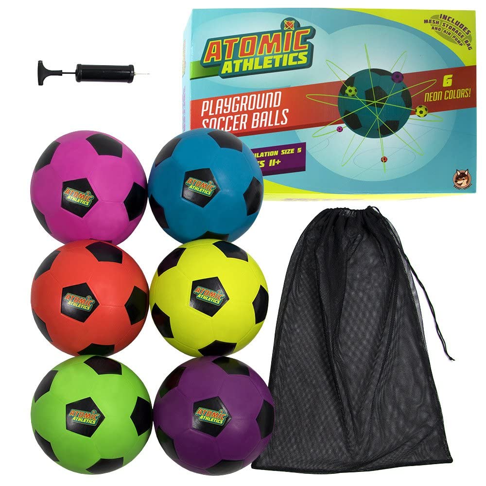 K-Roo Sports Atomic Athletics Neon Rubber Playground Balls - 6 Pack of Regulation Size, includes Pump & Storage Bag - Soccer Ball