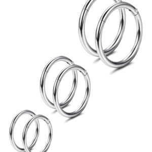 THUNARAZ 3 Pair Stainless Steel 16G Sleeper Earrings Septum Clicker Lip Nose Ring Body Piercing Silver-tone