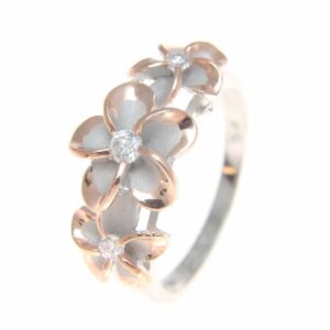 Arthur's Jewelry Sterling silver 925 Hawaiian 3 plumeria flower cz ring rhodium and pink rose gold plated size 8