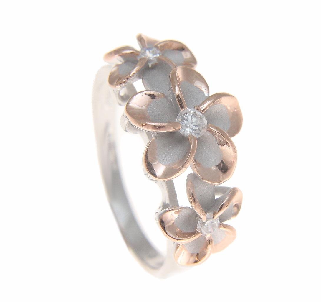 Arthur's Jewelry Sterling silver 925 Hawaiian 3 plumeria flower cz ring rhodium and pink rose gold plated size 8