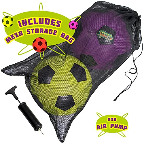 K-Roo Sports Atomic Athletics Neon Rubber Playground Balls - 6 Pack of Youth Size, includes Pump & Storage Bag - Soccer Ball