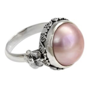 NOVICA Artisan Handmade Pearl Flower Ring Floral Sterling Silver Cocktail Pink Indonesia Birthstone [crownbezel 0.4 in H x 0.6 in Diam. Band Width 3 mm W] ' Love Moon'