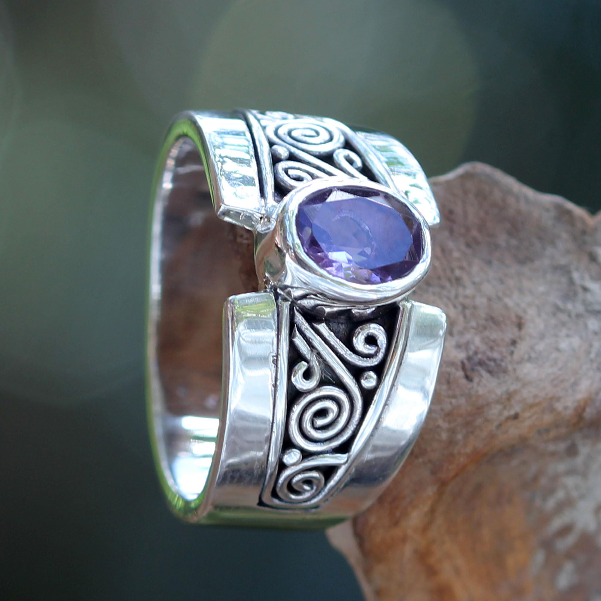 NOVICA Artisan Handmade .925 Sterling Silver Amethyst Single Stone Ring Artisan Crafted with Purple Indonesia Birthstone 'Purple Karma'