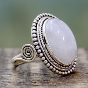 NOVICA Artisan Handmade Rainbow Moonstone Cocktail Ring India Sterling Silver with White Clear Single [crownbezel 0.8 in L x 0.7 in W x 0.2 in H Band Width 2 mm W] ' Rainbow Glow'