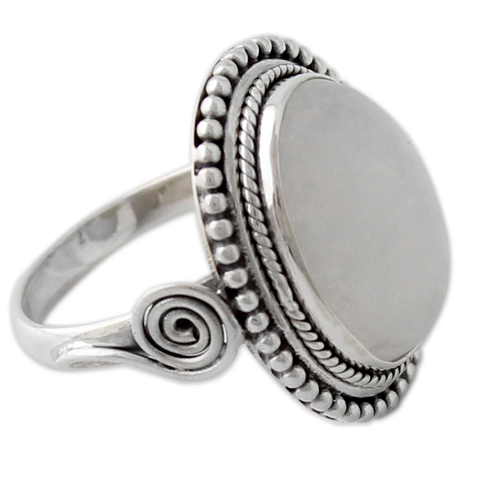 NOVICA Artisan Handmade Rainbow Moonstone Cocktail Ring India Sterling Silver with White Clear Single [crownbezel 0.8 in L x 0.7 in W x 0.2 in H Band Width 2 mm W] ' Rainbow Glow'