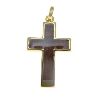 Arthur's Jewelry Koa Wood Hawaiian Cross Yellow Gold Plated Brass Pendant Charm