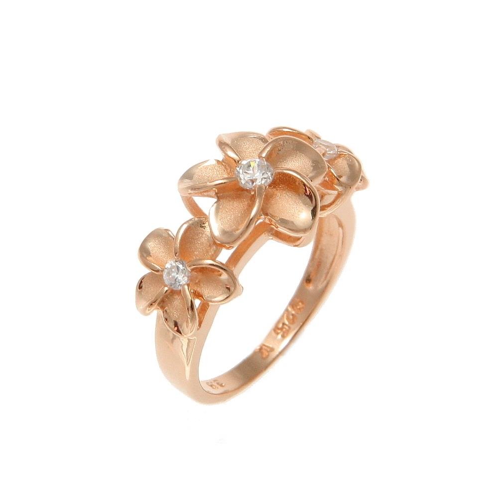 Arthur's Jewelry Pink rose gold plated sterling silver 925 Hawaiian 3 cz plumeria flower ring size 7