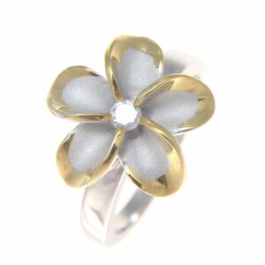 Arthur's Jewelry Sterling silver 925 Hawaiian plumeria flower cz ring 15mm rhodium and yellow gold plated 2 tone size 8.5