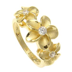 Arthur's Jewelry Yellow gold plated sterling silver 925 Hawaiian 3 cz plumeria flower ring size 9