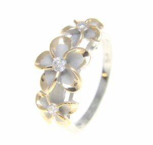 arthur's jewelry sterling silver 925 hawaiian 3 plumeria flower cz ring rhodium and yellow gold plated size 8.5