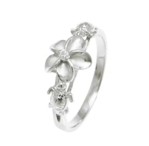 arthur's jewelry sterling silver 925 hawaiian plumeria flower cz 2 turtle ring rhodium plated size 7.5