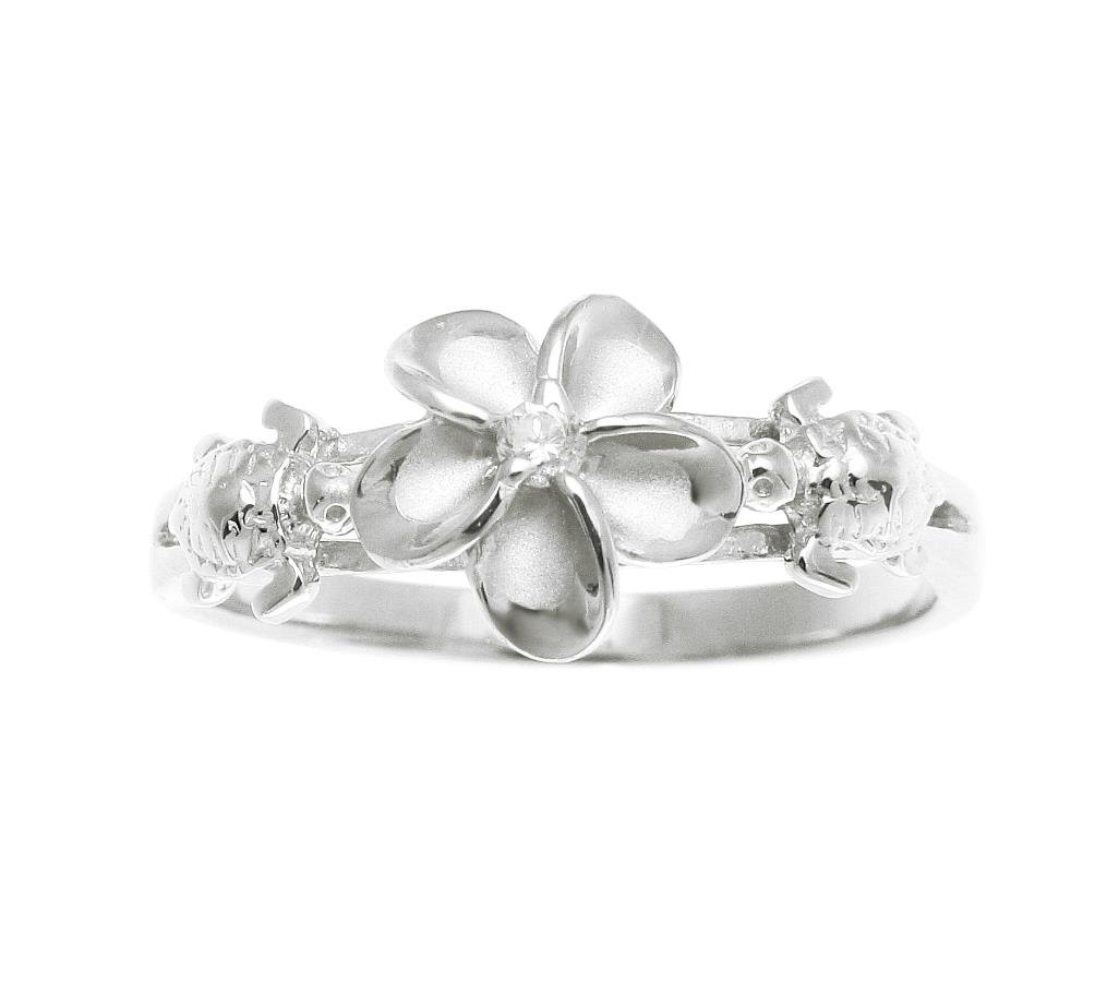 Arthur's Jewelry Sterling silver 925 Hawaiian plumeria flower cz 2 turtle ring rhodium plated size 7.5