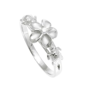 Arthur's Jewelry Sterling silver 925 Hawaiian plumeria flower cz 2 turtle ring rhodium plated size 7.5